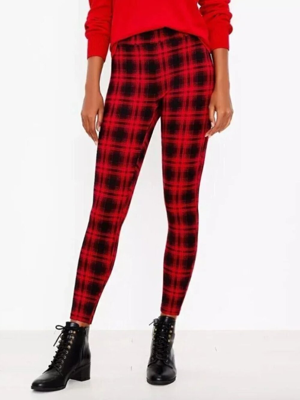 Ann Taylor LOFT Red & Black Buffalo Plaid Ponte Leggings S
